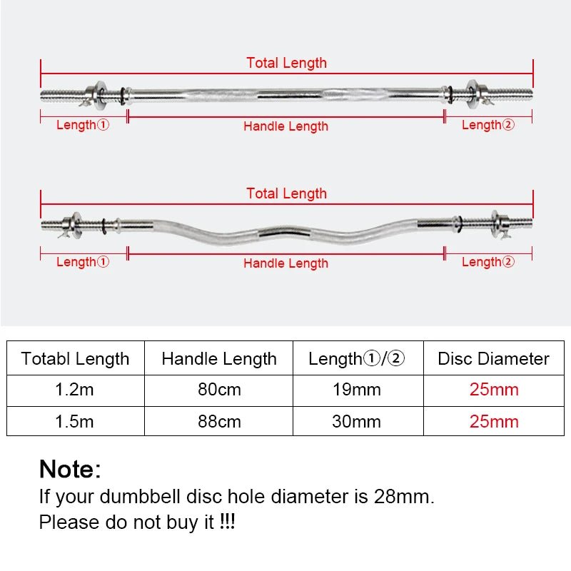 Dumbbell Bars - Straight & EZ Curl Bars for Weightlifting, 25mm, 1.2m/1.5m - Booyes fitness